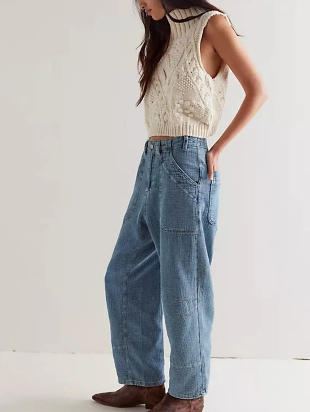 Free People We The Free Midnight Voyage Harem Pants in Light Blue Wash - Picture 2 of 9